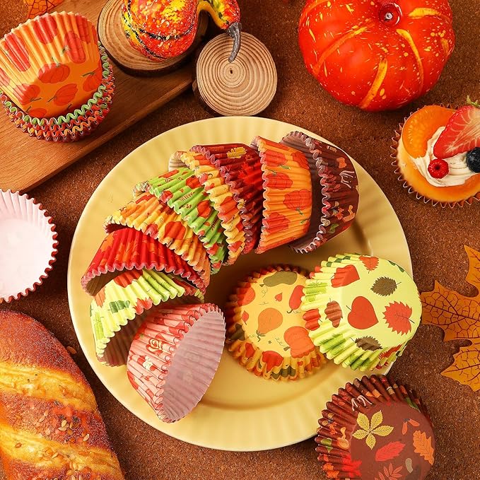 SANNIX 450pcs Fall Cupcake Liners, Thanksgiving Pumpkin Maple Leaf Cake Baking Cups Cupcake Wrappers Paper Wraps Muffin Liners for Autumn Thanksgiving Party Candy Cake Decorations Supplies(9 Designs)