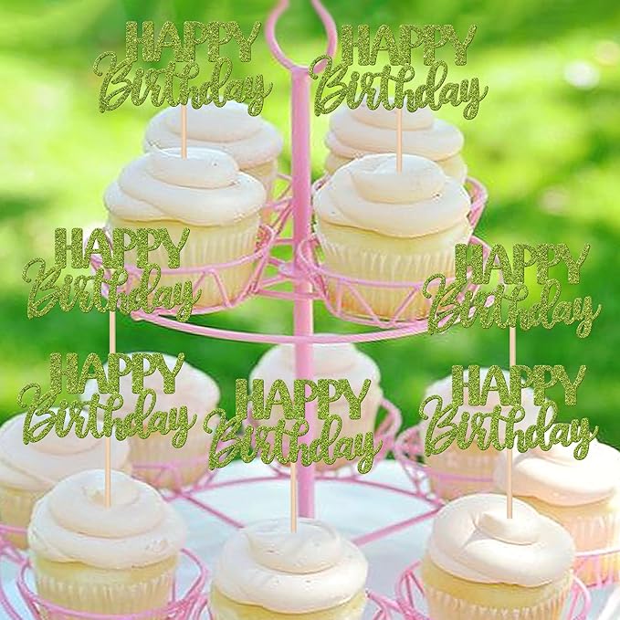 30 PCS Happy Birthday Cupcake Toppers Glitter Happy Birthday Cupcake Picks for Celebrating Birthday Anniversary Theme Party Cake Decorations Supplies Green