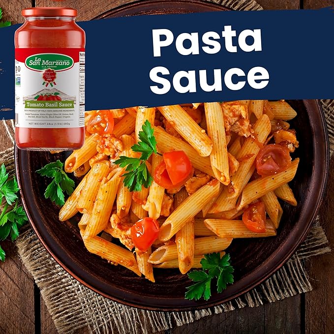 La San Marzano Tomato Basil Sauce, 24 oz, Pasta Sauce Made in Italy, All Purpose Tomato Premium Quality, All Natural, Mediterranean Diet, Non GMO, Vegan, Gluten Free