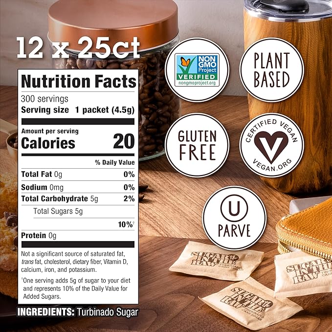 Sugar In The Raw Turbinado Cane Sugar Packets, 25 Ct Box, 12 Pack, Pure, All-Natural Turbinado Sugar, Non-GMO Project Verified, Kosher, Vegan and Gluten Free