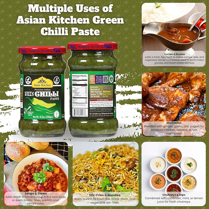 Asian Kitchen Green Chilli Cooking Paste 10.58oz (300g) Glass Jar ~ Vegan | Gluten Free | NON-GMO | No Colors | Indian Origin