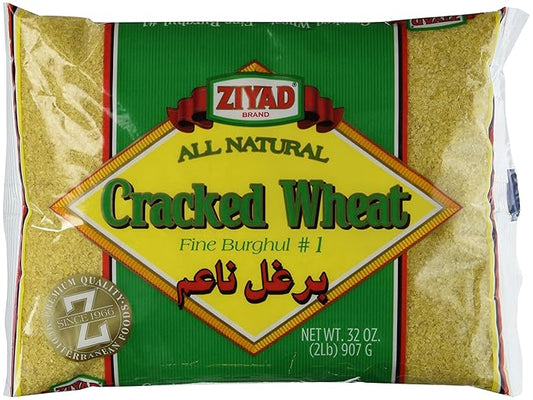 Ziyad Cracked Bulgur Wheat | Fine #1, 32oz | Fiber-Rich Whole Grain | Nutty Flavor, Chewy Texture | Great in Tabbouleh, Kibbeh, Soups, Curries and Salads | Vegan | Cooks in 30 Minutes | Fine Burghul No. 1, 32oz