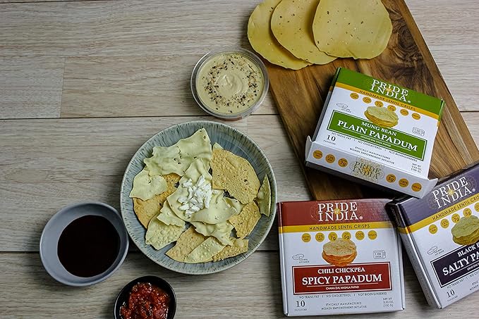 Pride Of India - Spicy Chickpea Masala Papadum Lentil Crisp, 10 count (3.53oz - 100gm) - Microwaveable Instant Chips, Gluten-Free Vegan Crackers, Healthy Protein, Fiber & Iron Rich Snacks