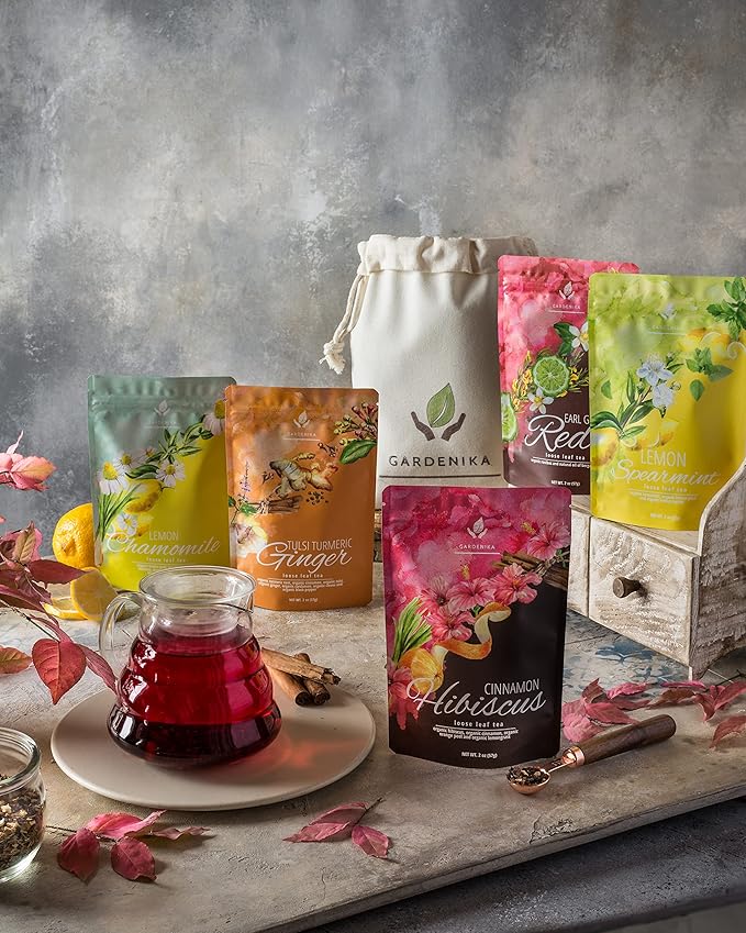 Gardenika Loose Leaf Tea Set, Herbal Caffeine-Free Set - Rooibos, Spearmint, Chamomile, Hibiscus, Tulsi, Turmeric, Ginger Teas – 5 Pack Assortment (10 oz)