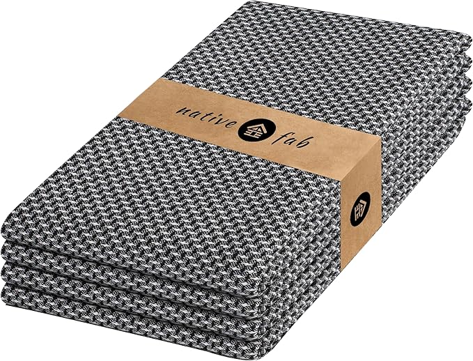 Native Fab 4 Pack Dotted Pattern Kitchen Dish Towels Cotton Super Absorbent Quick Drying Reusable 18x26 Inches - Bar Hand Towels, Kitchen Cleaning Towels with Hanging Loop, Black
