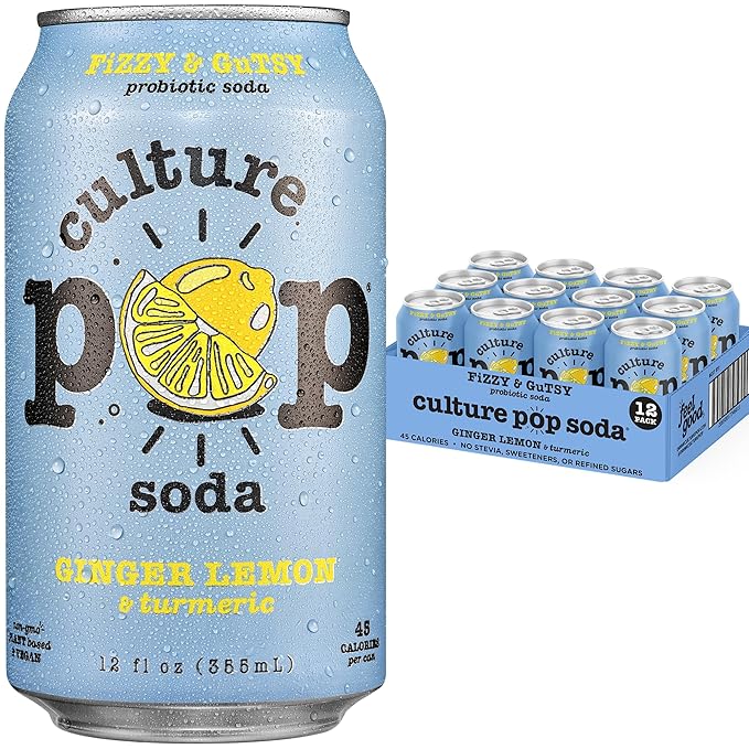 Culture Pop Soda, Ginger Lemon & Turmeric, Probiotic Low Sugar Soda, Sparkling Juice Alternative, Non-GMO, Kosher, Gluten-Free, No Stevia (12pk)