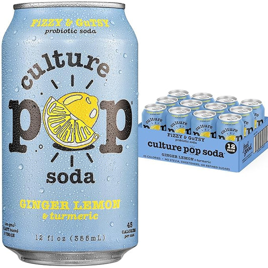 Culture Pop Soda, Ginger Lemon & Turmeric, Probiotic Low Sugar Soda, Sparkling Juice Alternative, Non-GMO, Kosher, Gluten-Free, No Stevia (12pk)
