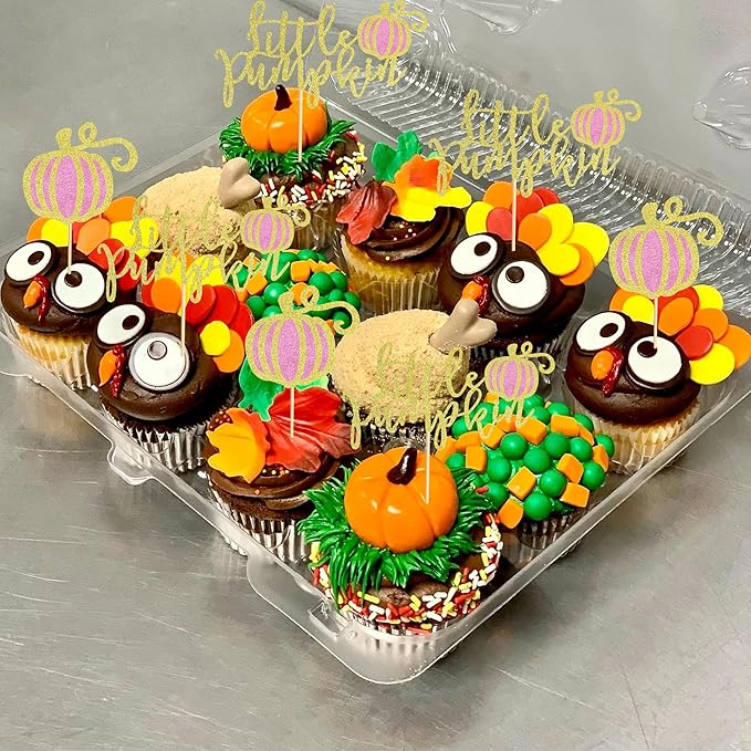 24Pcs Little Pumpkin Cupcake Toppers Fall Pumpkin Cupcake Picks for Thanksgiving Halloween Baby Shower Kids Birthday Party Cake Decorations Supplies - Pink Glitter