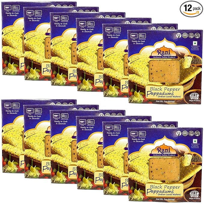 Rani Pappadums (Indian Lentil Wafer Snack) Black Pepper Papad 7oz (200g) Approximately 15pc, 7 inches, Pack of 12 ~ All Natural | Gluten Friendly | NON-GMO | Vegan | Indian Origin