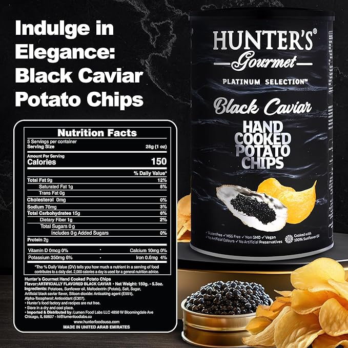 Hunter's Gourmet Cholesterol-Free Chips | No Artificial Colors & Preservatives | Premium Black Caviar | Hand-Cooked | MSG-Free | Special Treats | Gourmet Vegan Chips | Non-GMO | Pack of 1 | 150g