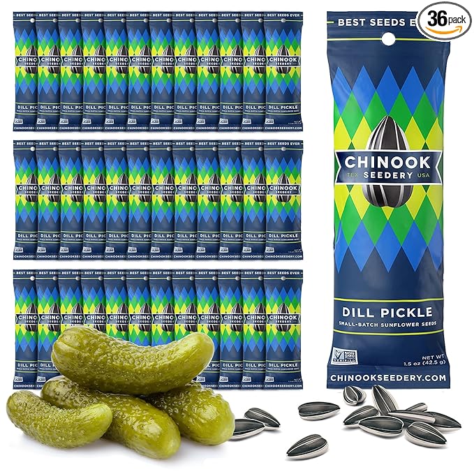 Chinook Seedery Roasted Sunflower Seeds to Eat - 1.5 oz (Pack of 36) Dill Pickle - Jumbo Low Sodium Sunflower Seeds Keto Snacks - Adventure, Baseball, School Snacks - Gluten Free, Non GMO Snacks
