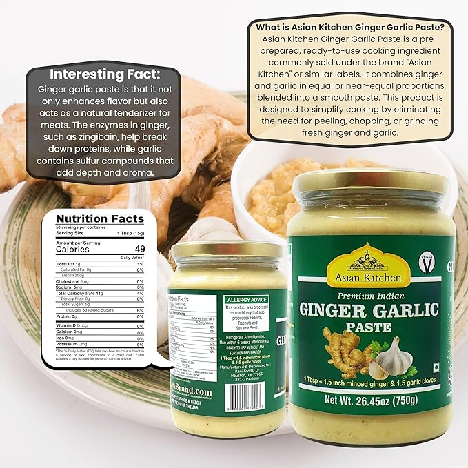 Asian Kitchen Ginger Garlic Cooking Paste 26.5oz (750g) Glass Jar ~ Vegan | Gluten Free | NON-GMO | No Colors | Indian Origin