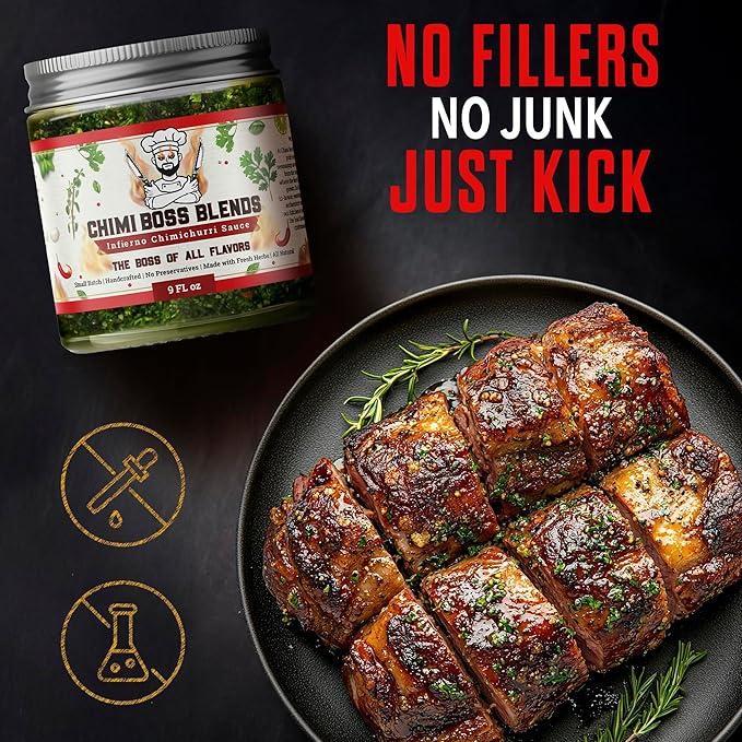 Chimi Boss Infierno Chimichurri Sauce, 9 fl oz – Spicy Argentinian Green Sauce with Fresh Parsley, Garlic, Oregano & Chili – All Natural Hot Herb Marinade – Made in USA