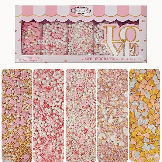 Confect Pink, Silver, Gold & White Pearl Sprinkles Mix ??Edible Baking Decorations for Cakes, Cupcakes, Cookies ??Valentine?셲 & Celebration Sprinkle Set ??Pack of 5 - Vegan, Gluten-Free, Nut-Free, Soy-Free, Dairy-Free, Palm Oil-Free -5 Oz