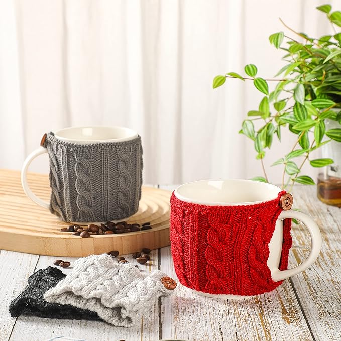 Skyley 4 Pcs Coffee Mug Cozy Sleeve Reusable Knitted Crochet Sleeves Cup Tea Cozy Handmade Tableware Coffee and Tea Mug Warmer for Women Men(Assorted Color)