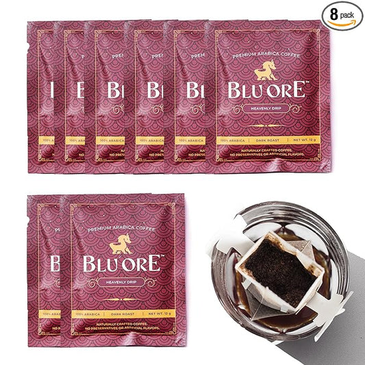 Blu Ore Premium Vietnamese Coffee - Single Serve Pour Over (8 Pack) - 100% Arabica Drip Bag Coffee, Eco-Friendly Filter, Travel Friendly, No Preservatives - Dark Roast