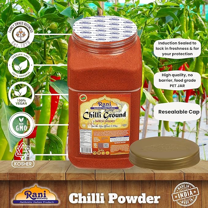 Rani Chilli Powder (Mirchi) Ground Indian Spice 80oz (5lbs) 2.27kg Bulk PET Jar ~ All Natural | Salt-Free | Vegan | No Colors | Gluten Friendly | NON-GMO | Kosher | Indian Origin