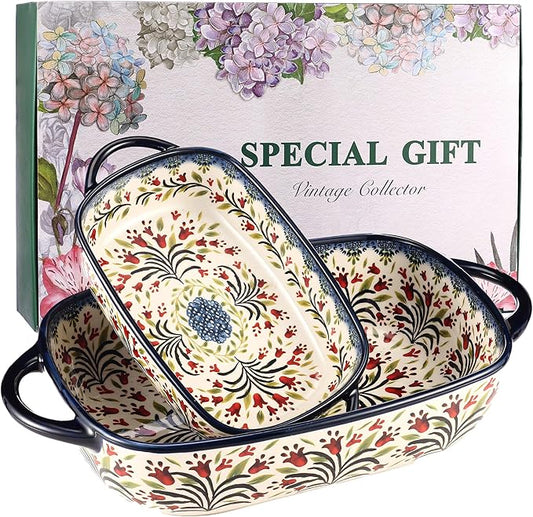 Ceramic Baking Dish Set of 2 ??Decorative Polish Pottery Style Casserole Dishes with Handles, Cute Oven-Safe Lasagna Bakeware Gift Set
