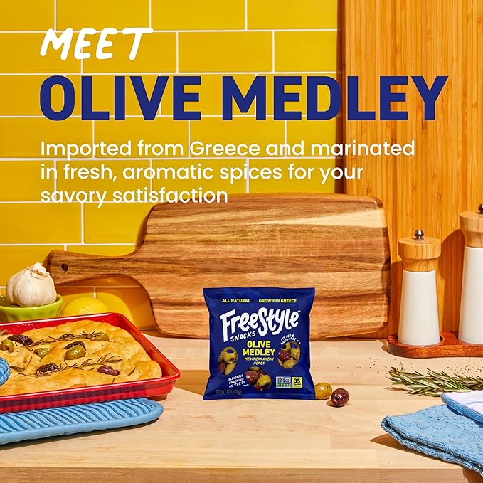 Freestyle Snacks Olive Medley Snack Packs - Bulk Party Pack - Fresh Pitted Olives, Jumbo-Sized, Grown in Greece, All Natural, Non-GMO, Sugar-Free - Mediterranean Herb, 1.1oz Single Serves, 120-Pack