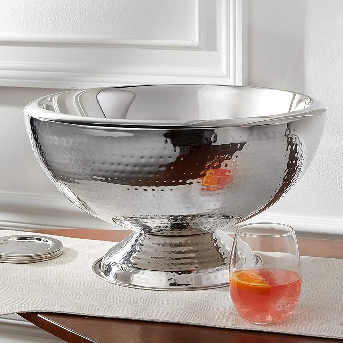 Stainless Steel Hammered Double-Walled Insulated Punch Bowl 17 Inch | 3 Gallon Footed Beverage Tub for Wine, Champagne for Parties, Weddings & Events