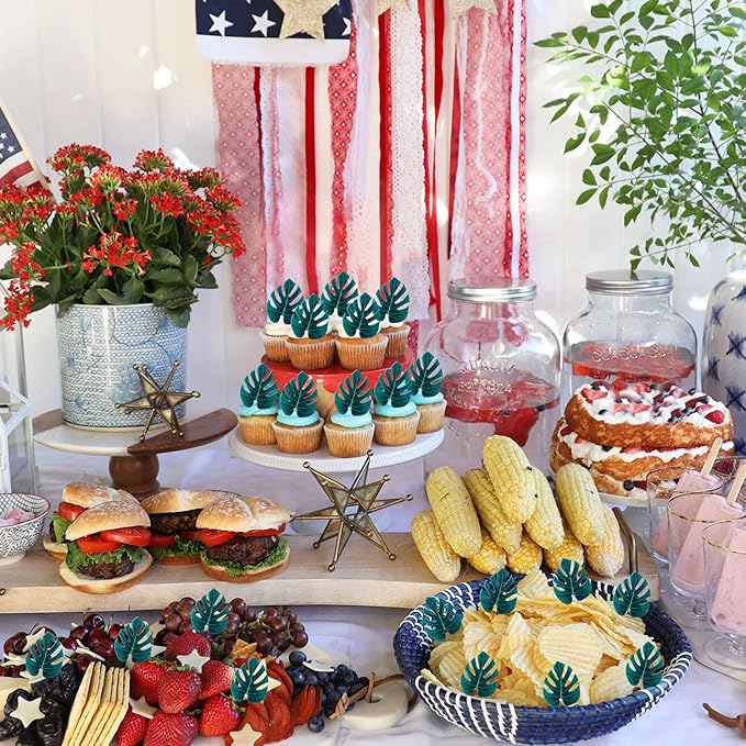 Rsstarxi 48 Pack Edible Tropical Turtle Leaves Cupcake Toppers, Edible Tropical Palm Leaves Cake Decorations for Hawaii Theme Jungle Baby Shower Birthday Party Decorations Supplies