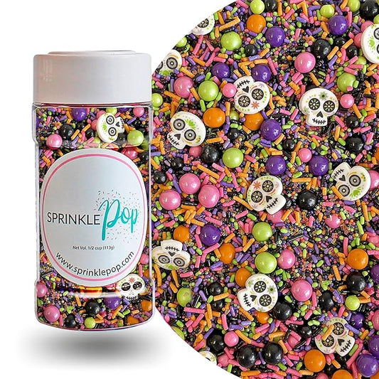 Sprinkle Pop Dia De Los Muertos Sprinkle Mix| Black Pink Purple Lime Orange Sprinkles| Halloween Sprinkles with ~12 Day of the Dead Sugar Skulls Made in USA for Decorating Cake Cookies Cupcakes, 4oz