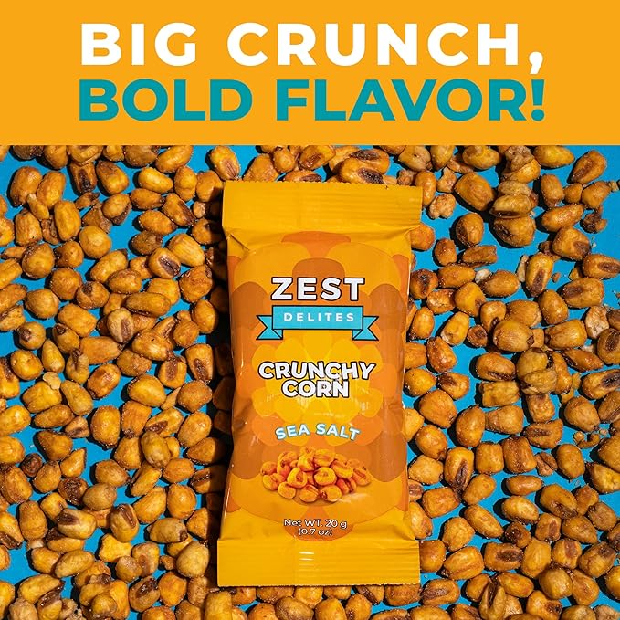 Crunchy Corn Snacks by Zest Delites, Sea Salt Roasted Corn, 0.7oz x 20 Packs, Nuts-Like Crunch, Gluten Free, Vegan, NON-GMO, Healthy Snacks for All Ages, Healthy Alternative to Chips & Crisps