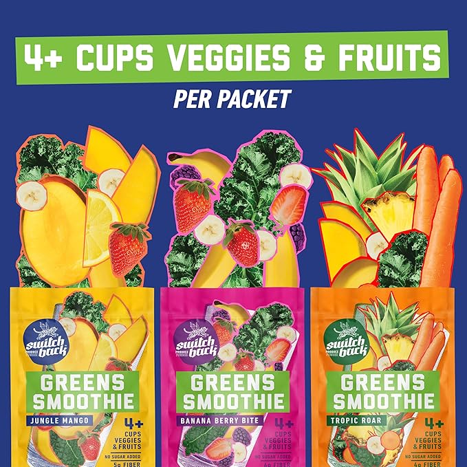Switchback Greens Smoothie Powder, Shake to Make, Family Founded, Gluten Free Mix for Water, Juice or Milk, Made with Freeze Dried Fruit and Veggies, Green Drink for Energy Boost, Vegan, Plant Based, 4.5g Fiber, 7 Packets - Variety Pack
