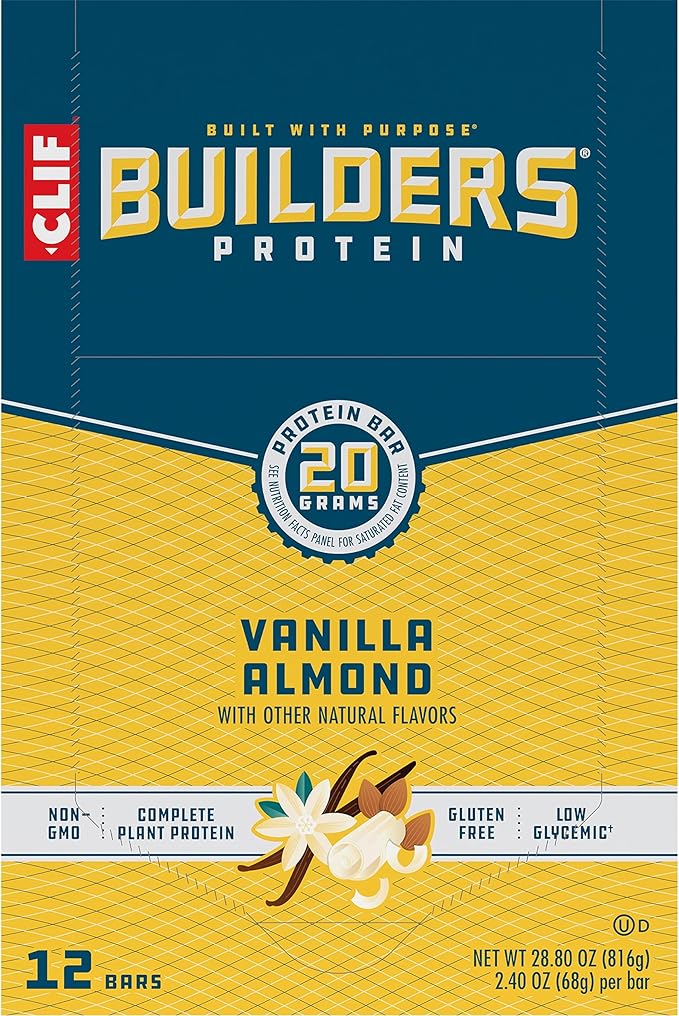 CLIF BUILDERS Protein Bars - Vanilla Almond Flavor - 20g Plant Based Protein - Gluten Free - Non-GMO - Low Glycemic - No Artificial Sweeteners - 2.4 oz. (12 Pack)