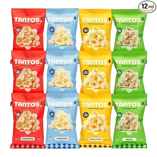 Tantos! Puffed Pasta Chips ??Healthy Pasta Snack by Top Chef Joe Sasto ??Plant-Based, Low Calorie, Crunchy Chips ??Variety Pack ??Marinara, Pesto, Cacio e Pepe, Classico ??Gourmet Bold Flavors ??(4oz-12 Pack (3 of Each Flavor), Variety)