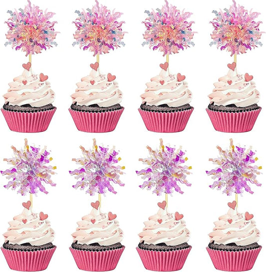 30PCS Foil Firework Cupcake Toppers, Happy Birthday Orange Cake Toppers, Sparkle Tinsel Flower Drink Stirrers Cocktail Food Fruit Toothpicks for Cake Decoration Party Supplies