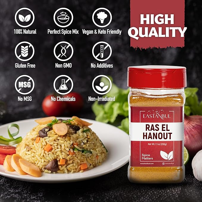 Eastanbul Ras El Hanout Spice, 7.1oz, Meat Seasoning, All-in-One Ras El Hanout Moroccan Spice Blend, North African Baharat Blend, Farm Fresh International Seasonings, Low Sodium, No MSG, No Filler