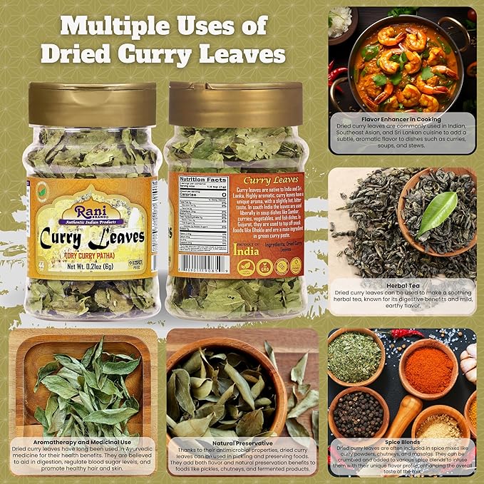 Rani Dried Curry Whole Leaves (Kari Neem Patha) Indian Spice 0.21oz (6g) PET Jar ~ Non-irradiated | All Natural | Vegan | Gluten Friendly | NON-GMO | Kosher | Product of USA