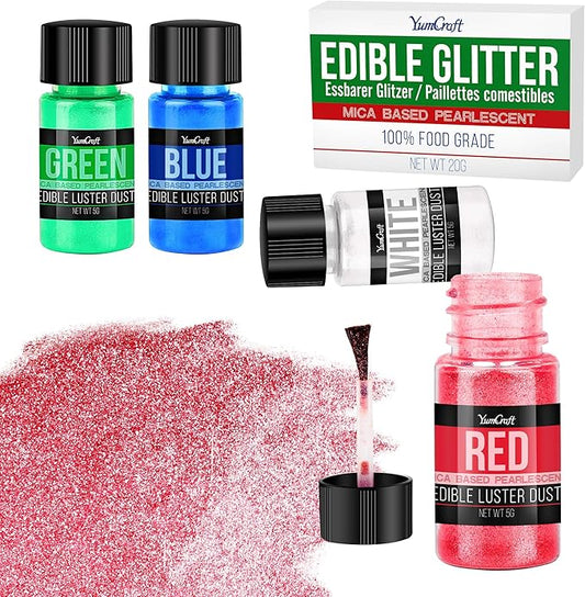 Edible Glitter Set, 4 Colors Luster Dust Edible Powder for Cake Decorating, Food Grade Vegan Edible Glitter for Drinks, Cocktails, Shimmering Glitters Food Coloring Powder for Chocolate(5g/Bottle)