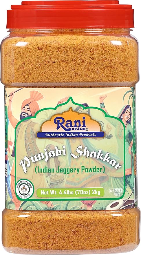 Rani Punjabi Shakkar (Gur Jaggery Powder) Indian Unrefined Raw Cane Sugar 70oz (4.4lbs) 2kg PET Jar ~ Gluten Friendly | Vegan | NON-GMO | Kosher | No Salt or fillers | Indian Product