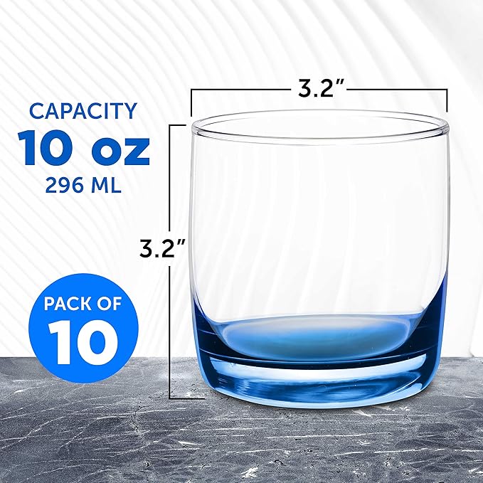 DISCOUNT PROMOS Whiskey Glasses 10 oz Set of 10, Bulk Pack - Heavy Base Old Fashioned Glass, Perfect for Scotch, Bourbon, Whiskey, Cocktail - Blue Bottom Color