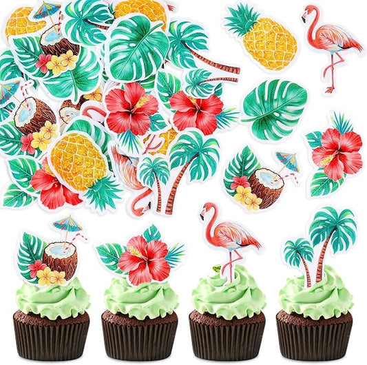 42Pcs Edible Tropical Cupcake Toppers Wafer Paper Hawaiian Luau Theme Party Decoration Baby Shower Birthday Party Supplies