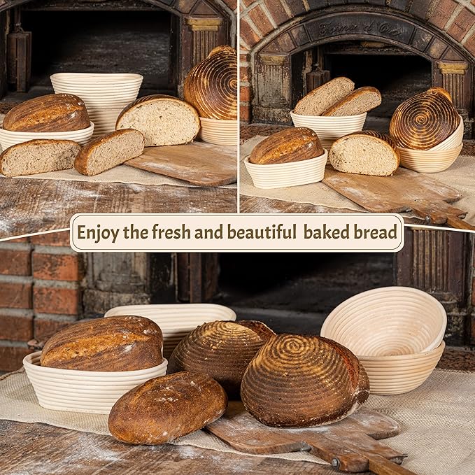 Sourdough Bread Baking Supplies Starter Kit, Banneton Proofing Basket Set: Round 9" & Oval 10", Gift Set