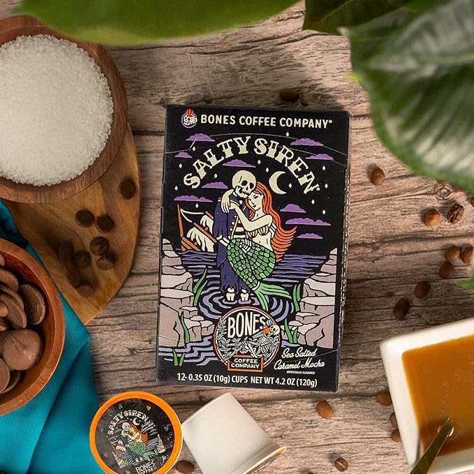Bones Coffee Company Flavored Coffee Bones Cups Salty Siren Caramel Chocolate | 12ct Single-Serve Coffee Pods Compatible with Keurig 1.0 & 2.0 Keurig Coffee Maker