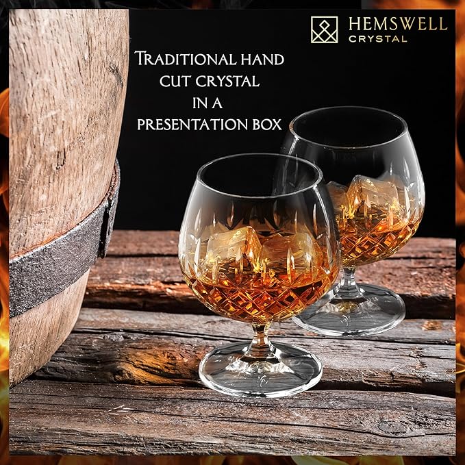 Brandy Snifter Glasses Set of 2 - Small Cut Glass Goblets for Scotch or Whiskey - Cognac Glasses - European Crystal 8.5oz