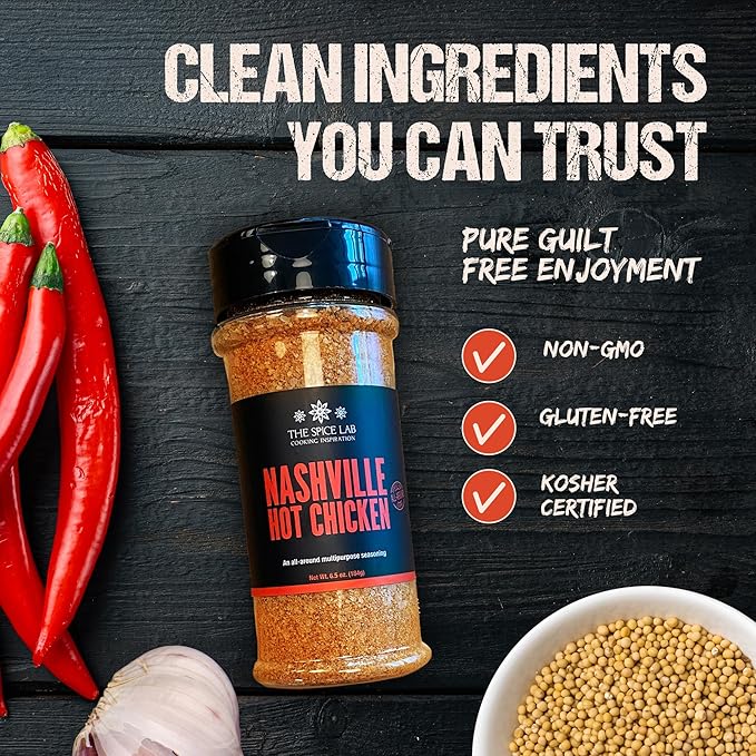 The Spice Lab Nashville Hot Chicken Seasoning - All Purpose Spicy Dry Rub for Chicken Wing Dust Seasoning - Gluten Free & Kosher Southern Flavor – 6.5 oz Shaker – 7106