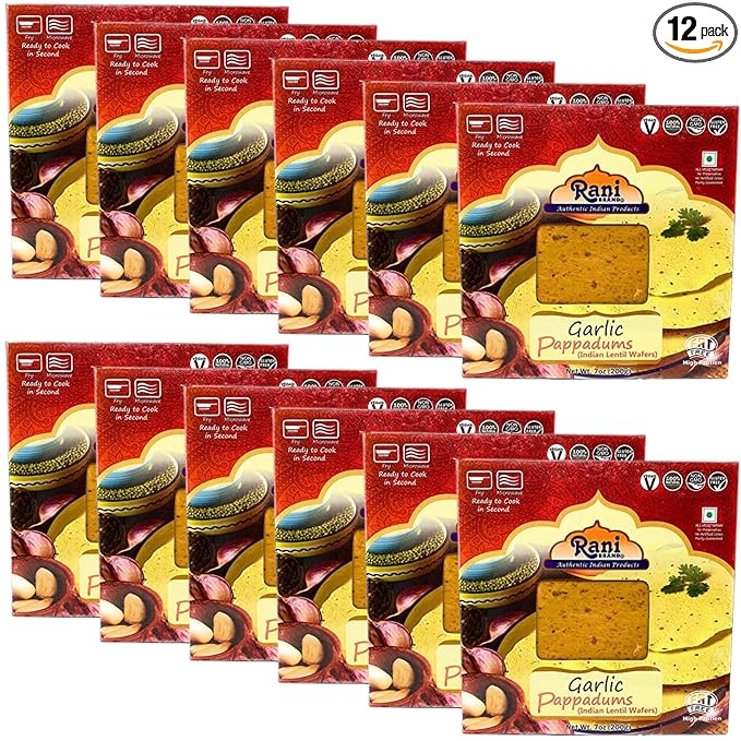 Rani Pappadums (Indian Lentil Wafer Snack) Garlic Papad 7oz (200g) Approximately 15pc, 7 inches, Pack of 12 ~ All Natural | Gluten Friendly | NON-GMO | Vegan | Indian Origin
