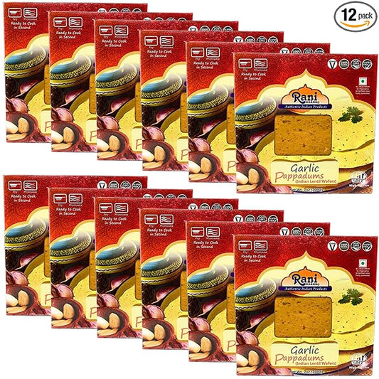 Rani Pappadums (Indian Lentil Wafer Snack) Garlic Papad 7oz (200g) Approximately 15pc, 7 inches, Pack of 12 ~ All Natural | Gluten Friendly | NON-GMO | Vegan | Indian Origin
