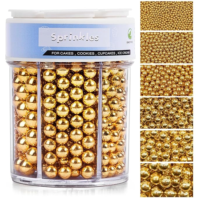Sprinkles for Cake Decorating, 11Oz Gold Pearl Sprinkles 6 Sizes Mix for Cake Cupcake Ice Cream Donuts Cookie Baking Toppings