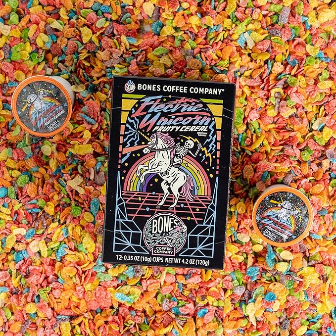 Bones Coffee Company Flavored Coffee Bones Cups Electric Unicorn Fruity Cereal Flavor | 12 ct Single-Serve Coffee Pods Compatible With 1.0 & 2.0 Keurig Coffee Maker