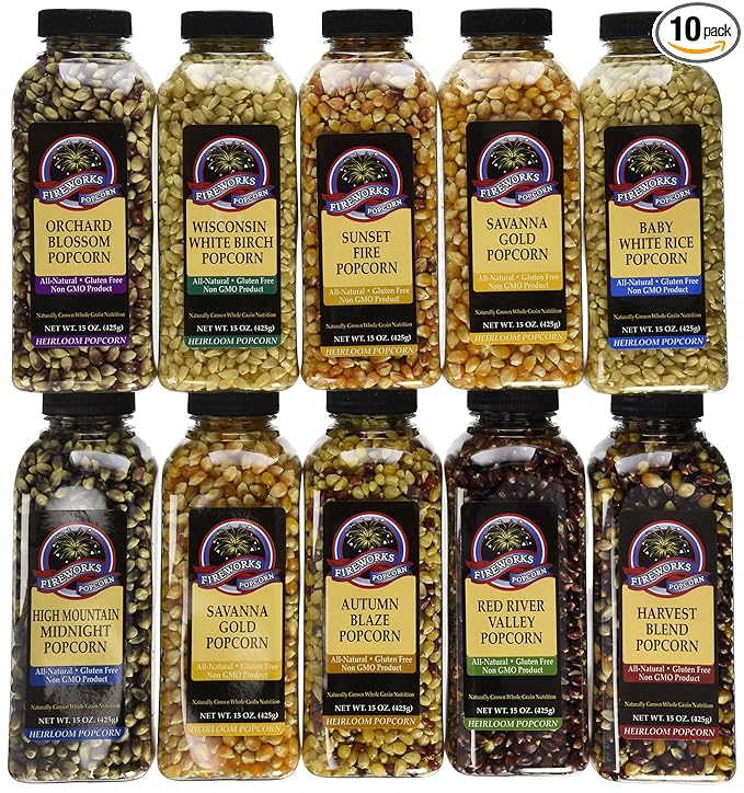 Fireworks Organic Popcorn Kernels - Assorted Gourmet Heirloom Variety Pack ??10 Bottles (15 oz Each) - For Popcorn Makers, Stovetop, or Air Popper - Non-GMO, Natural Snack Sampler Case