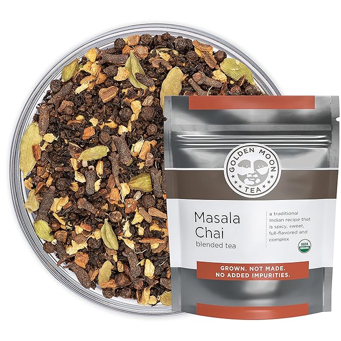Golden Moon Tea Organic Masala Chai Black Tea - Pure & Authentic Blend - Loose Leaf, Non-GMO - Half Pound (96 Servings)