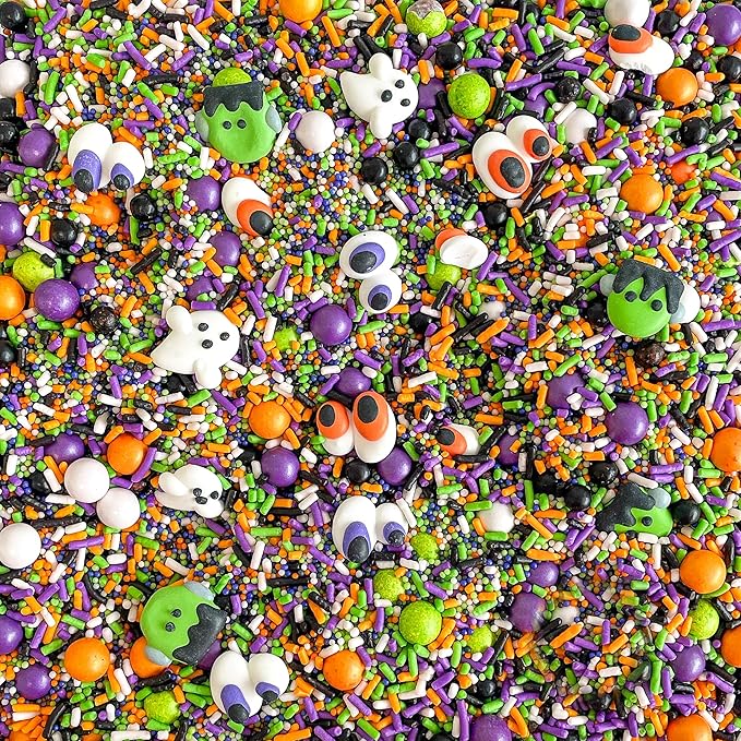 Sprinkle Pop Monster Mashup Sprinkle Mix| Orange Black White Lime Purple Sprinkles| Halloween Sprinkles with ~12 monster, ghosts, creepy eyeballs Made in USA for Decorating Cakes Cookies Cupcakes, 4oz