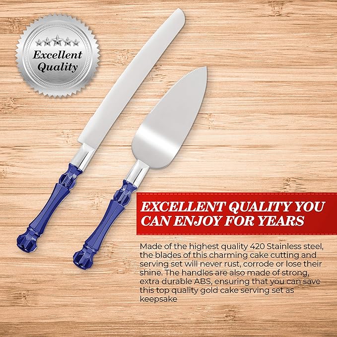 Cake Knife and Server Set, Cake Cutter and Pie Spatula, Cake Server and Knife Set with Acrylic Crystal Handles, Cake Cutting Set for Wedding Cake ??1.2mm Thick Blades, Birthdays, and Parties (Blue)