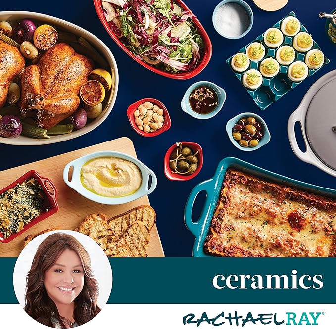 Rachael Ray Solid Glaze Ceramics Casserole Bakeware/Baker Set with Shared Lid, 3 Piece, Teal